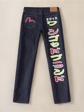 Men's Dark Blue Denim Jeans with Red Pocket Accents